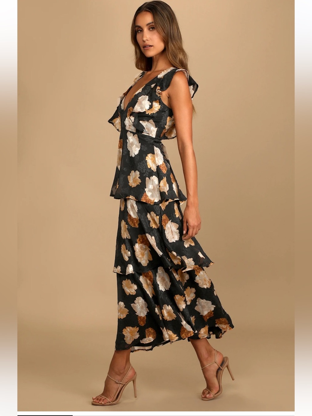LULU’S No Introductions Needed Black Burnout Floral Tiered Maxi Dress